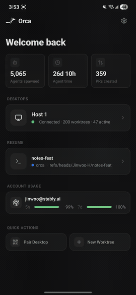 Orca mobile companion app showing agent status and usage